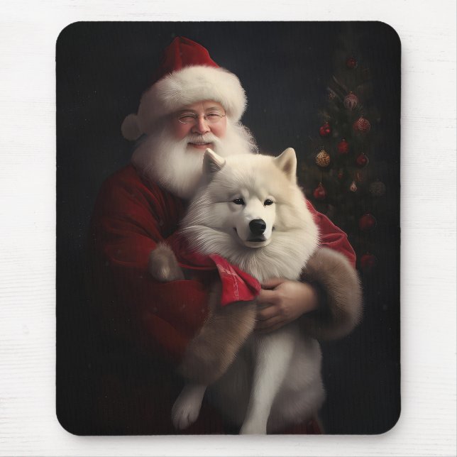 Samoyed With Santa Claus Festive Christmas Mouse Pad (Front)
