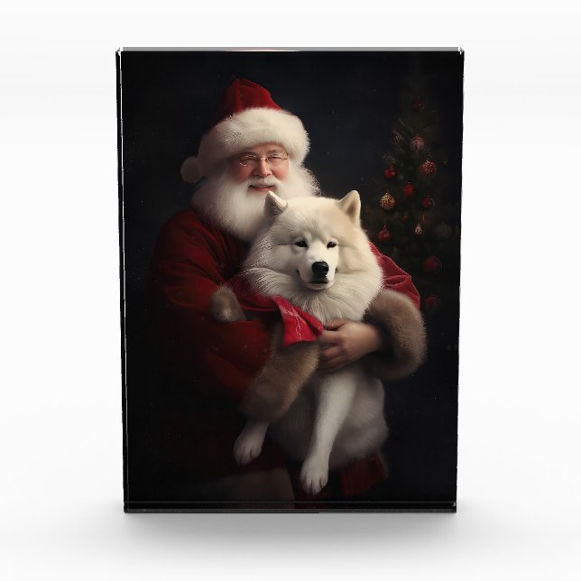 Samoyed With Santa Claus Festive Christmas Photo Block (Front)