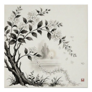 Sampaguita — Philippine National Flower Sumi-e Poster