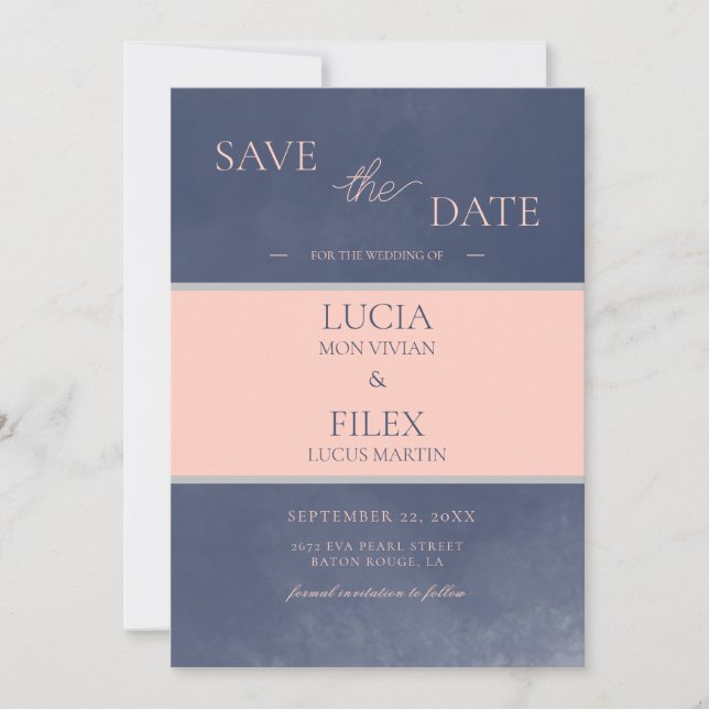 Sample Classic Navy Blue & Pink Save The Date Invitation (Front)