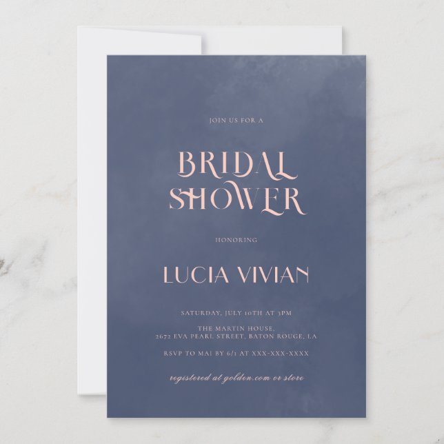 Sample Classic Navy Blue Smoke Bridal Shower Invitation (Front)
