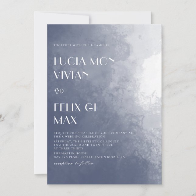 Sample Classic Navy Blue Smoke Wedding Invitation (Front)