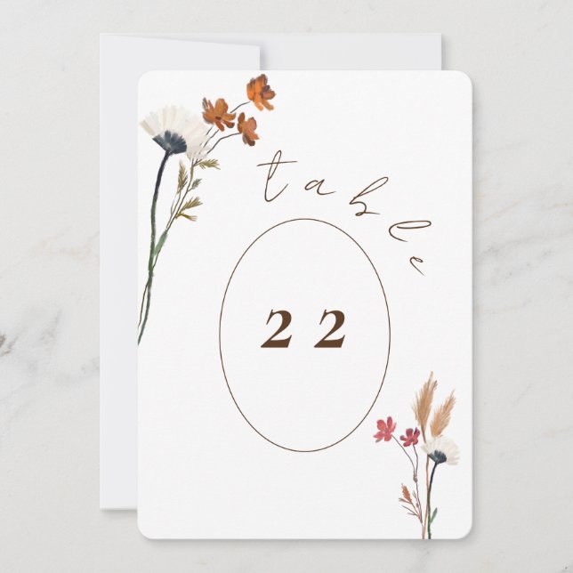 Sample Elegant Wildflowers Table Number Card (Front)