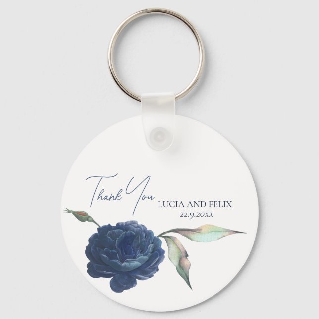 Sample Navy Blue Rose Wedding Thank You Keychain (Front)