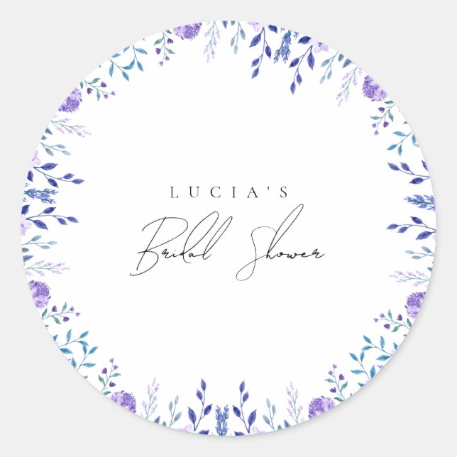 Sample Purple Floral Garden Bridal Shower Classic Round Sticker (Front)