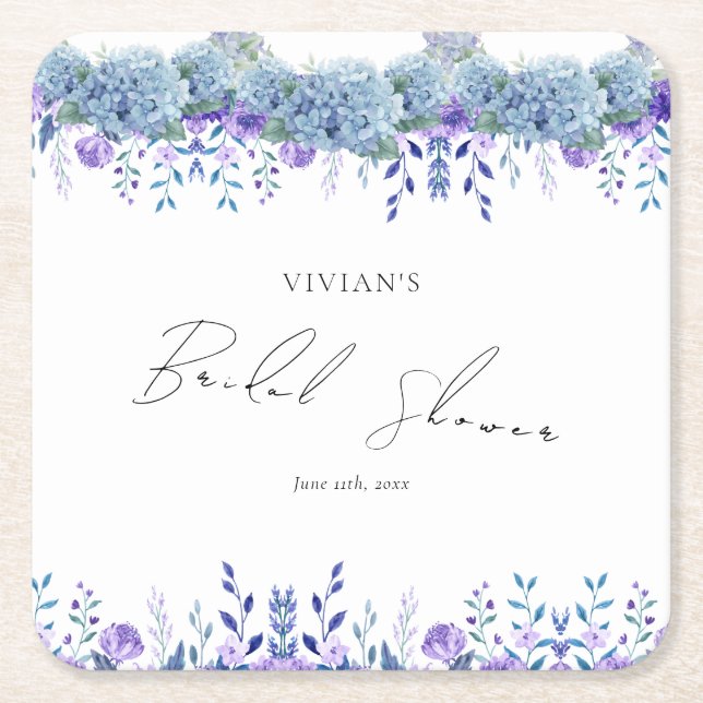 Sample Purple Floral Garden Bridal Shower  Square Paper Coaster (Front)