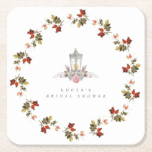Sample Rustic Floral Roses & Lantern Bridal Shower Square Paper Coaster