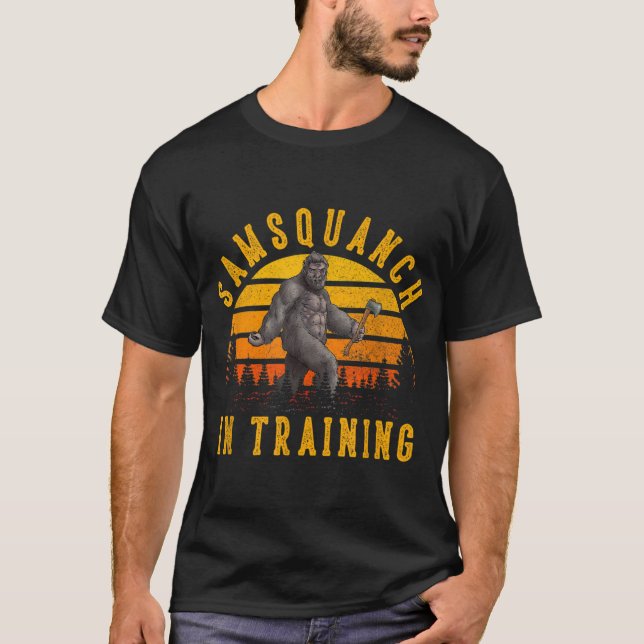 Samsquanch in Training Funny Sasquatch Axe Throwin T-Shirt (Front)
