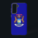 Samsung Galaxy S21 Case Flag of Michigan<br><div class="desc">Transform your Samsung Galaxy S21 into a celebration of Michigan's pride with our exclusive phone cover featuring the state flag! Crafted with meticulous attention to detail, this cover proudly showcases the distinctive elements of the Michigan flag. It features a dark blue field with the state coat of arms placed in...</div>