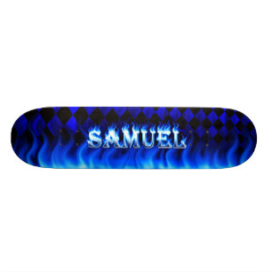 Samuel skateboard blue fire and flames design.