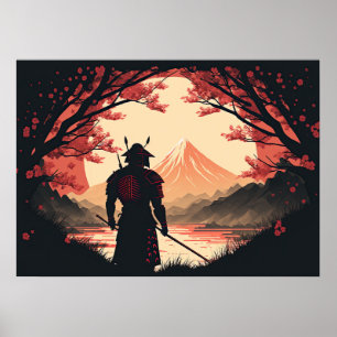 Samurai and Mt. Fuji with Moon and Cherry Blossoms Poster