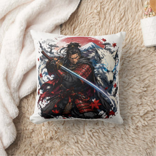 Samurai and White Wolf Mug Japanese Warrior Fant Throw Pillow