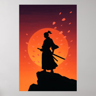 Samurai at Sunset Poster – Minimalist Silhouette W