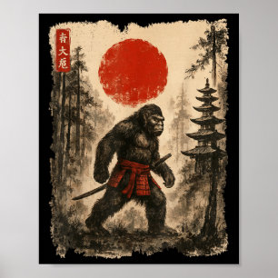 Samurai Bigfoot Japanese Vintage Sasquatch Ukiyo-e Poster