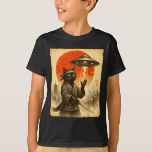Samurai Black Cat Alien Ufo Japanese Warrior Cat T-Shirt