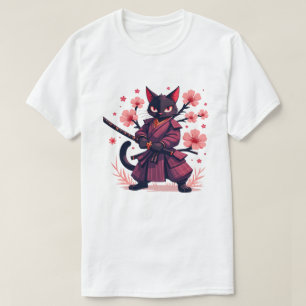 Samurai Black Cat Japanese Aestheti Cherry Blossom T-Shirt