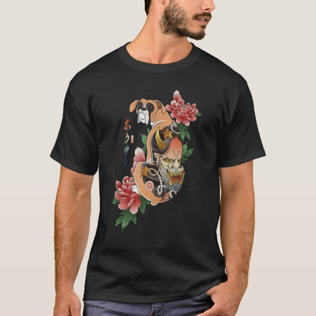 Samurai Boxer Dog Ukiyo E Flowers Japanese Warrior T-Shirt (Front)