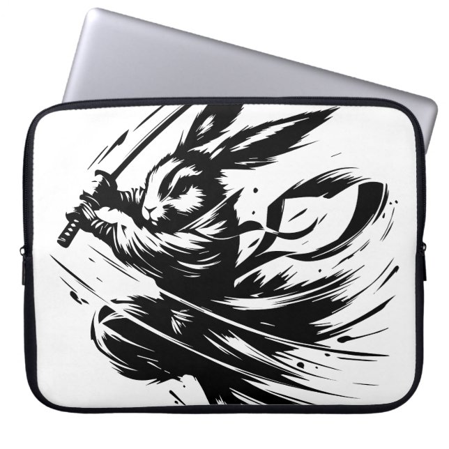 Samurai Bunny Black Ink Warrior Rabbit Laptop Sleeve (Front)