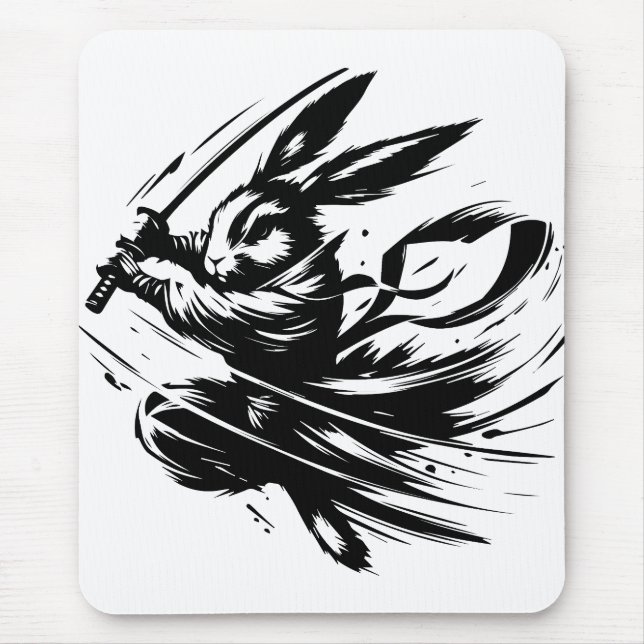 Samurai Bunny Black Ink Warrior Rabbit Mouse Pad (Front)