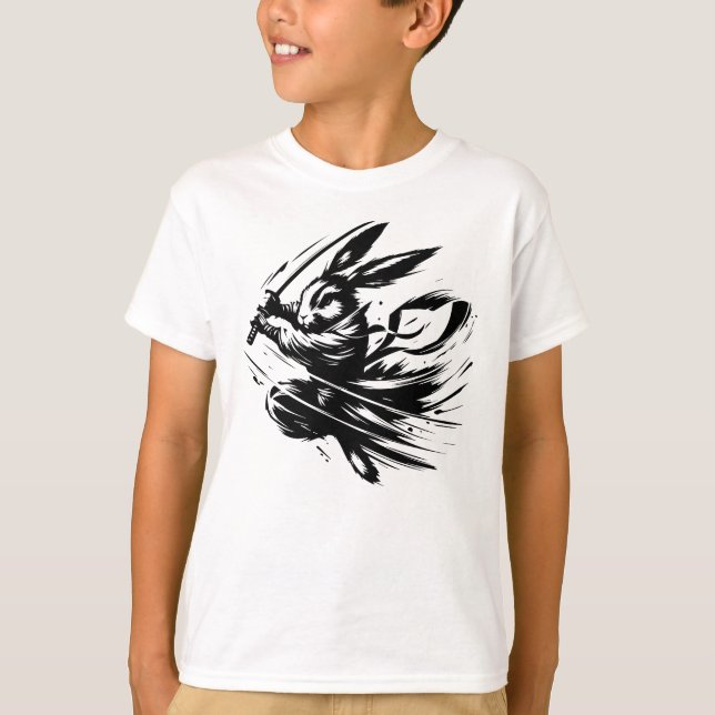 Samurai Bunny Black Ink Warrior Rabbit T-Shirt (Front)