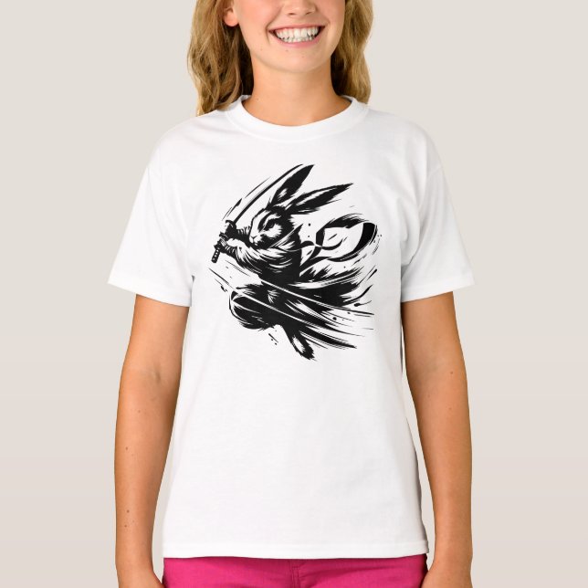 Samurai Bunny Black Ink Warrior Rabbit T-Shirt (Front)