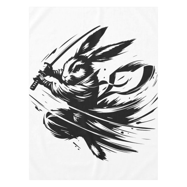 Samurai Bunny Black Ink Warrior Rabbit Tablecloth (Front)