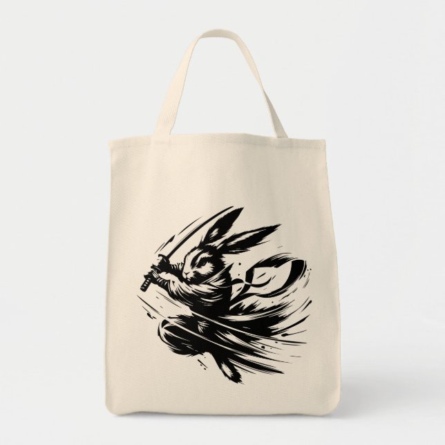 Samurai Bunny Black Ink Warrior Rabbit Tote Bag (Front)