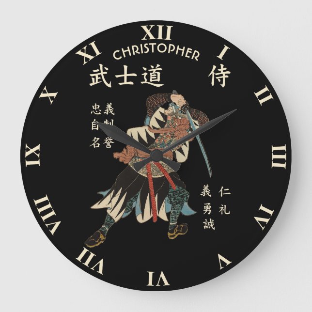 Samurai Bushido Eight Virtues Japanese Language Large Clock (Front)