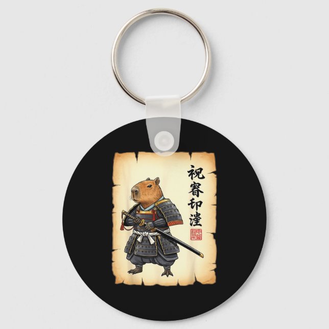 Samurai Capybara Japanese Art Vintage Graphic Funn Keychain (Front)
