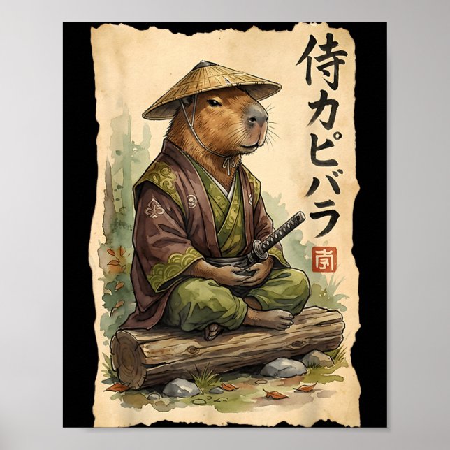 Samurai Capybara Japanese Art Vintage Graphic Funn Poster (Front)