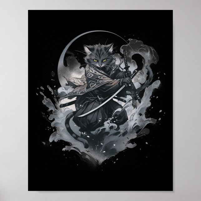 Samurai Cat Anime Japanese Ninja Warrior Aesthetic Poster (Front)