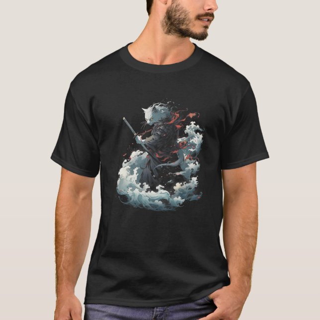 samurai cat anime Japanese ninja warrior aesthetic T-Shirt (Front)