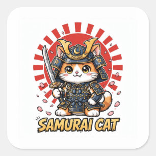 Samurai Cat Anime Japanese Warrior Cherry Square Sticker