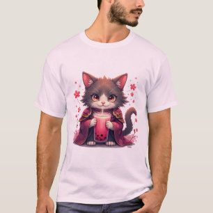 Samurai Cat Boba Tea sakura Anime Japanese bubble T-Shirt