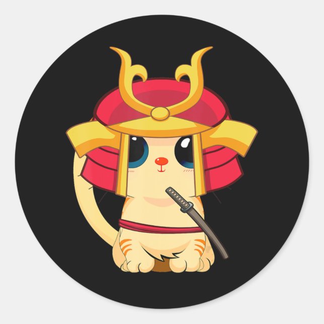 Samurai Cat Cute Japanese Anime Cosplay Halloween Classic Round Sticker (Front)
