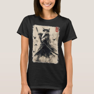 Samurai Cat Graphic Tee Warrior Vintage Japanese