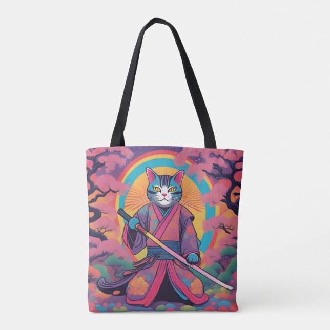 Samurai Cat Holding a Katana Design Tote Bag (Back)