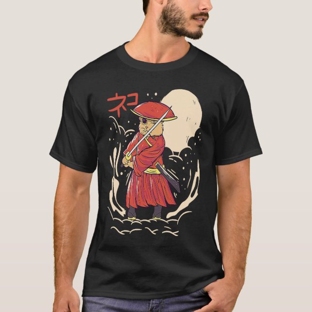 Samurai Cat Illustration  Japanese Cute Graphic T-Shirt (Front)