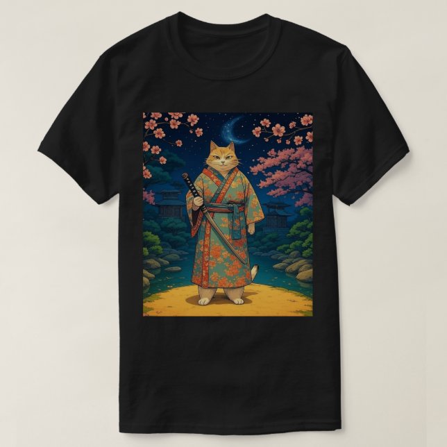 Samurai Cat in a Kimono T-Shirt (Design Front)