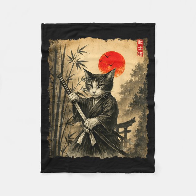 Samurai Cat Japanese Art Men Boys Funny Graphic Te Fleece Blanket (Front)
