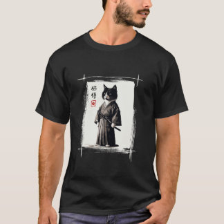 Samurai Cat Japanese Art Sumi e Novelty Kawaii Fun T-Shirt