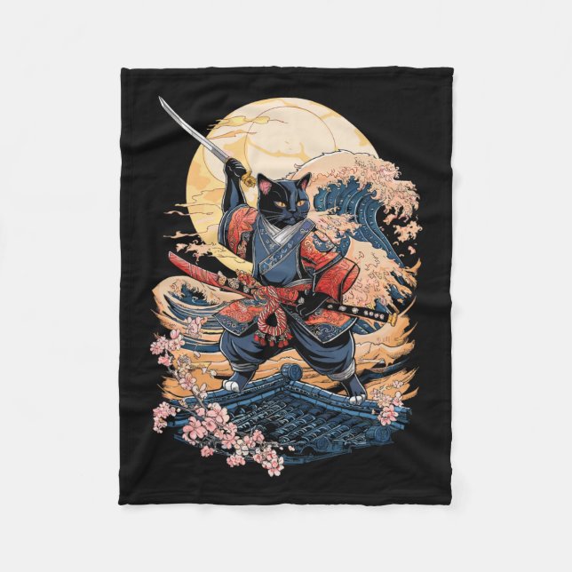 Samurai Cat Japanese Cat Anime Ninja  Fleece Blanket (Front)