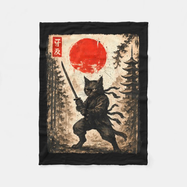 Samurai Cat Japanese Mens Boys Kids Graphic Anime  Fleece Blanket (Front)