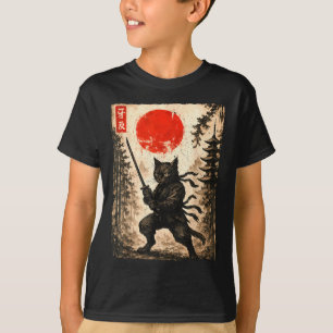 Samurai Cat Japanese Mens Boys Kids Graphic Anime T-Shirt