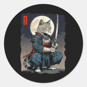 Samurai Cat Japanese Retro Fighter Cat Moon Ukiyo- Classic Round Sticker
