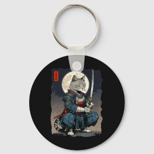 Samurai Cat Japanese Retro Fighter Cat Moon Ukiyo- Keychain