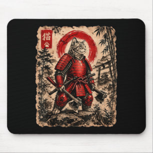 Samurai Cat Japanese Ukiyoe Art Anime Funny Cat Mouse Pad