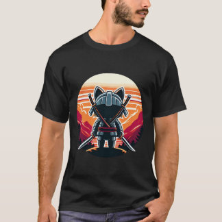 Samurai Cat Katanas Watching Sunset and Mountains T-Shirt