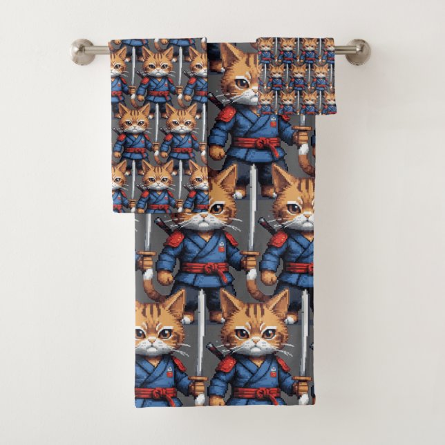 Samurai Cat Pixel Art Bath Towel Set (Insitu)