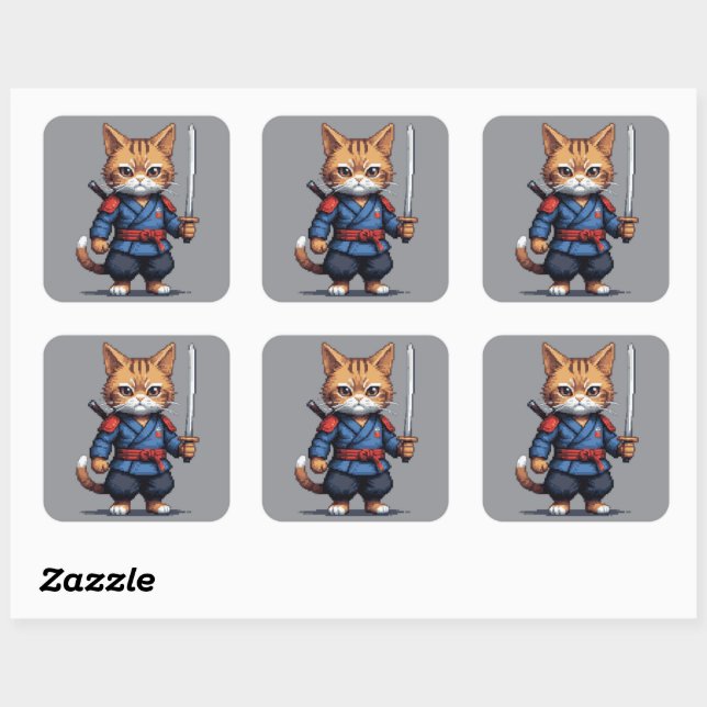 Samurai Cat Pixel Art Square Sticker (Sheet)
